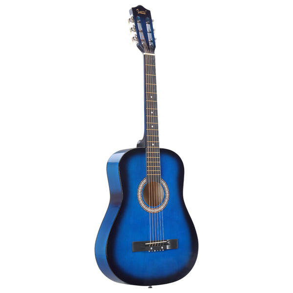 Blue 38-inch Round Acoustic Guitar With Picks, Strings, Capo, Case, Tuner, And Strap